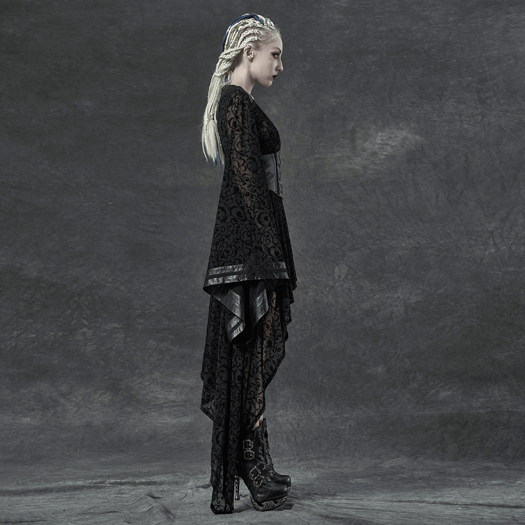 Embroidered Flocking Net Gothic Kimono Dress with Detachable Belt