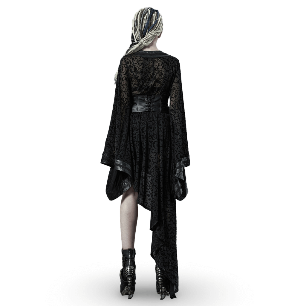 Embroidered Flocking Net Gothic Kimono Dress with Detachable Belt