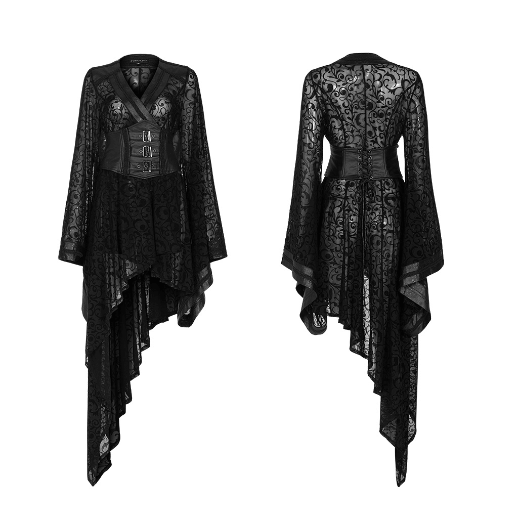 Embroidered Flocking Net Gothic Kimono Dress with Detachable Belt