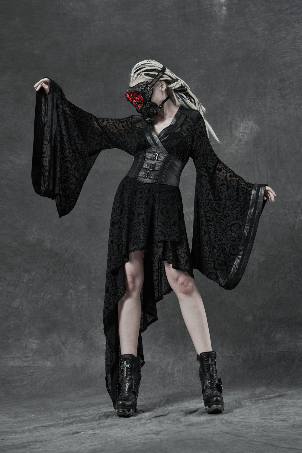 Embroidered Flocking Net Gothic Kimono Dress with Detachable Belt