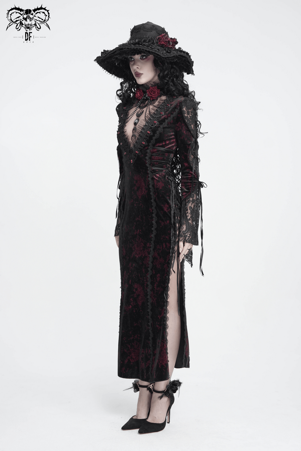 Exquisite Lace Maxi Dress with Corset Lacing and Side Slit