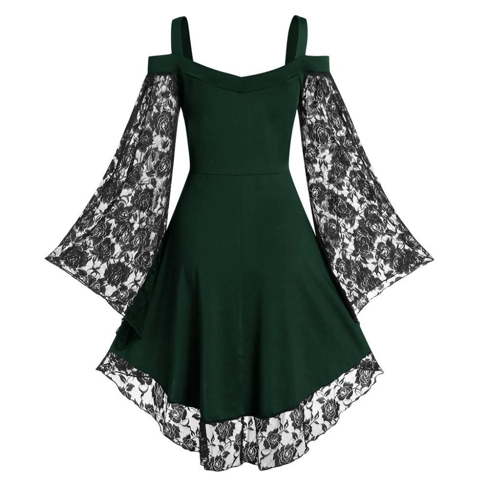 Gothic Women's Lace Patchwork Dresses With Flare Sleeve