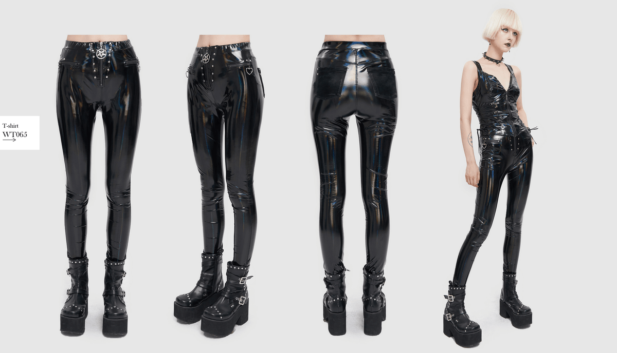US SALE of Fashion Slim Pu Leather Pants For Women / Zipper Wetlook Pants