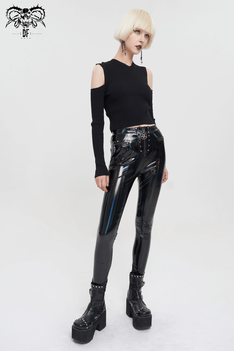 US SALE of Fashion Slim Pu Leather Pants For Women / Zipper Wetlook Pants