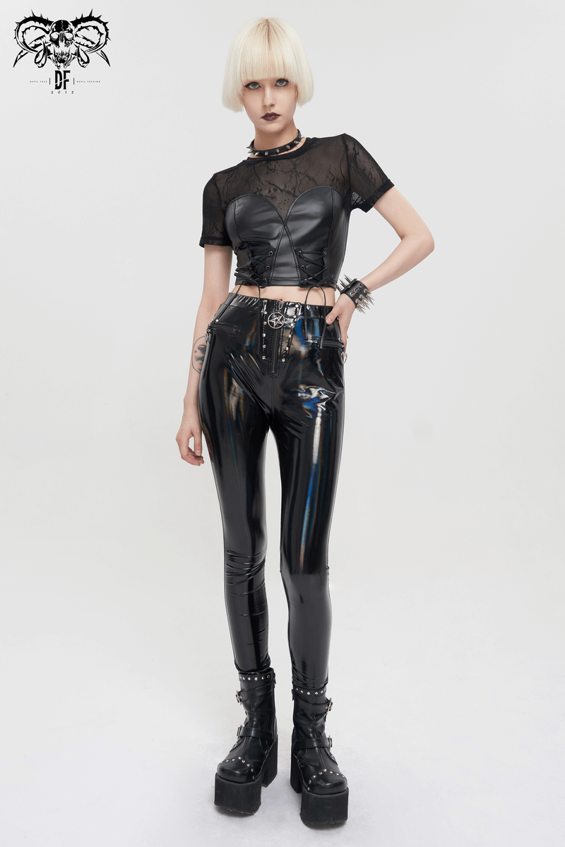 US SALE of Fashion Slim Pu Leather Pants For Women / Zipper Wetlook Pants