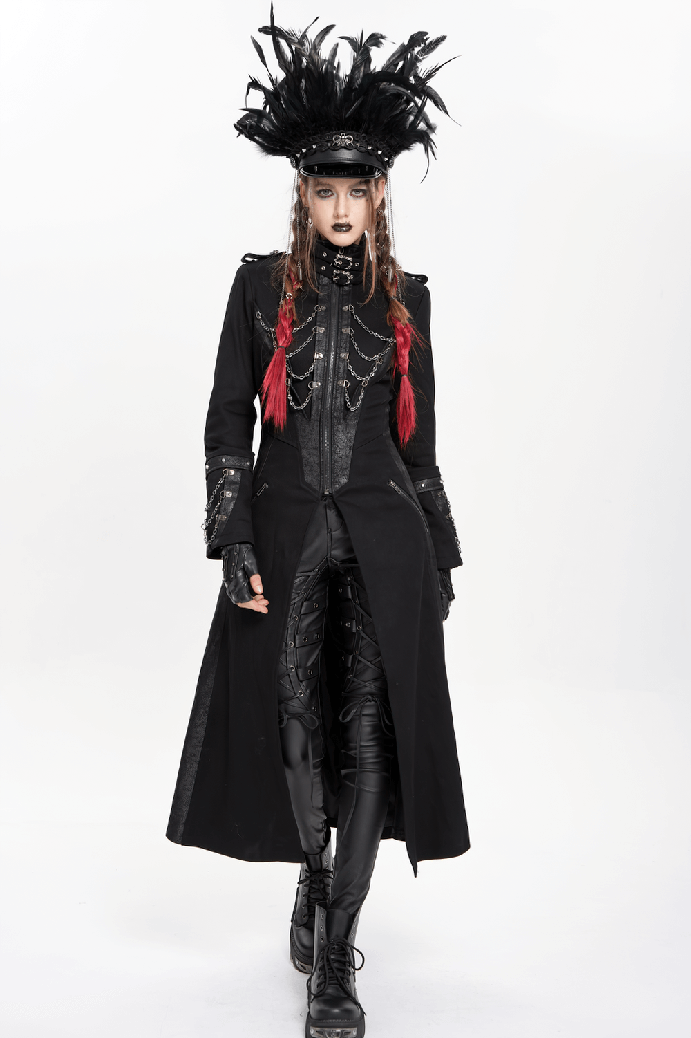 Feathered Leather Cap with Lace Details and Chains
