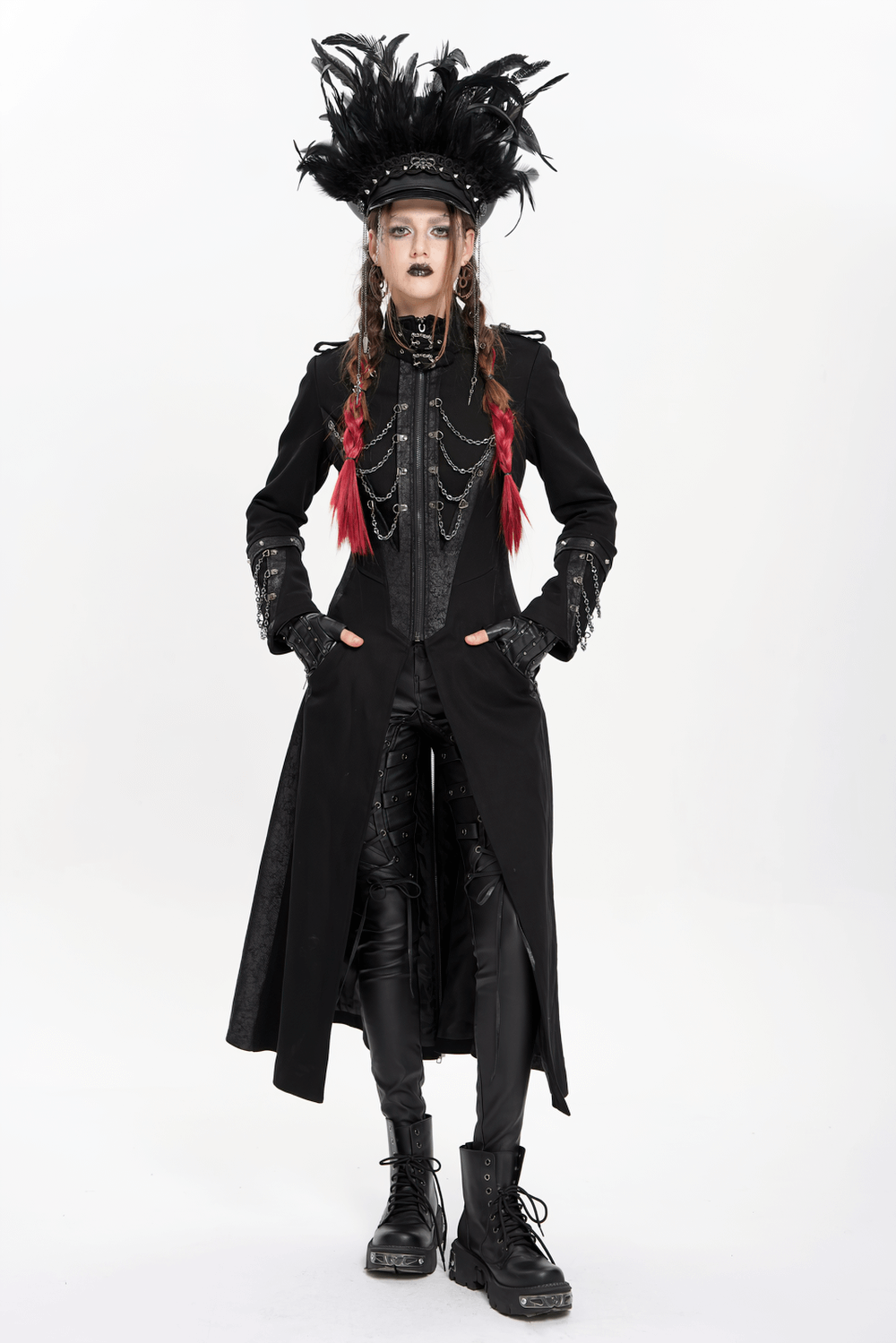 Feathered Leather Cap with Lace Details and Chains