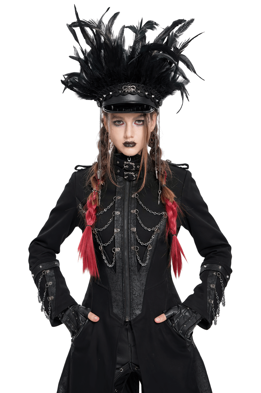 Feathered Leather Cap with Lace Details and Chains
