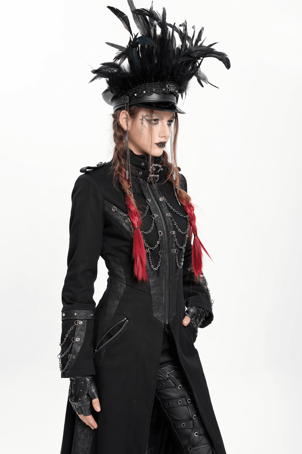 Feathered Leather Cap with Lace Details and Chains