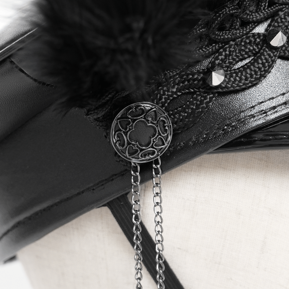 Feathered Leather Cap with Lace Details and Chains
