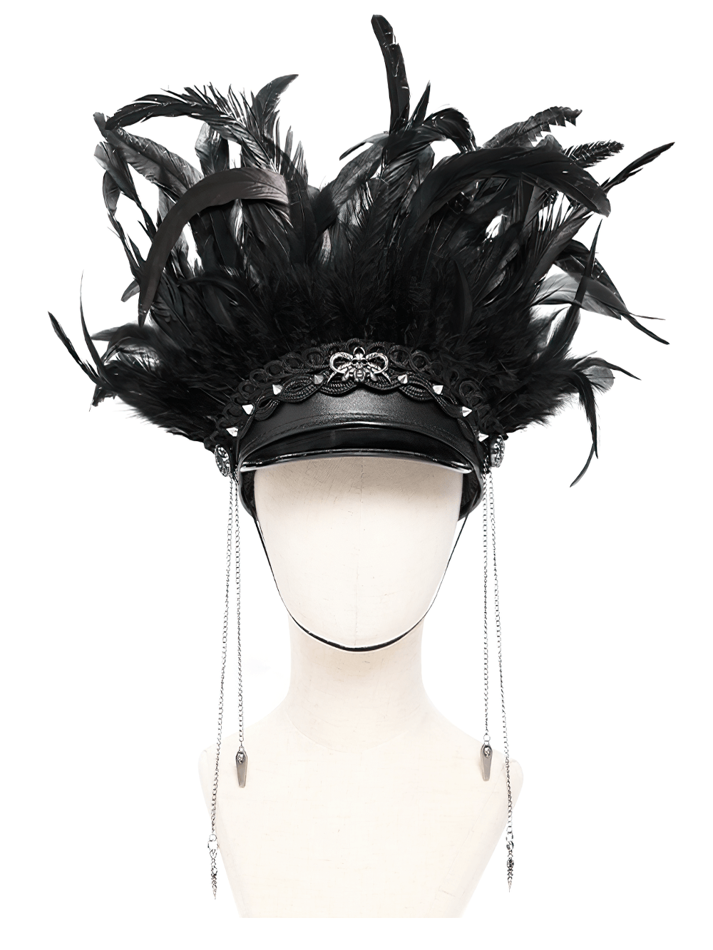 Feathered Leather Cap with Lace Details and Chains