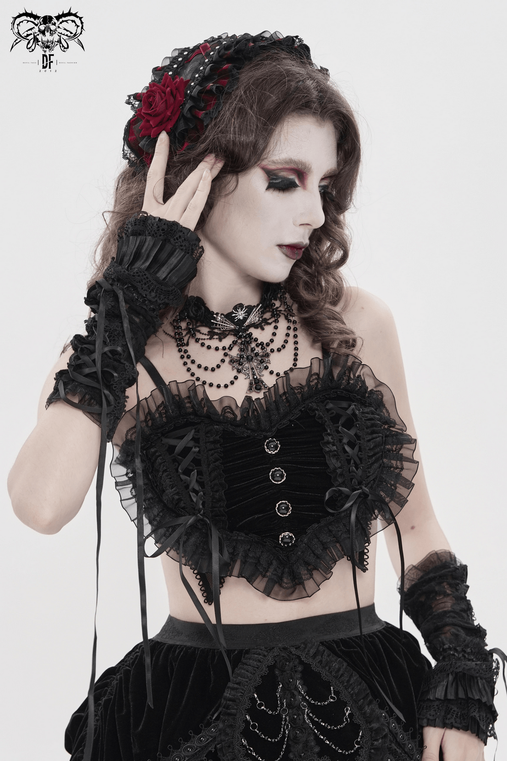 Female Black Lace Crop Top with Ruffle Trim Detail