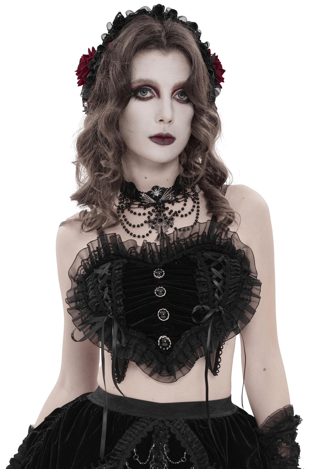 Female Black Lace Crop Top with Ruffle Trim Detail