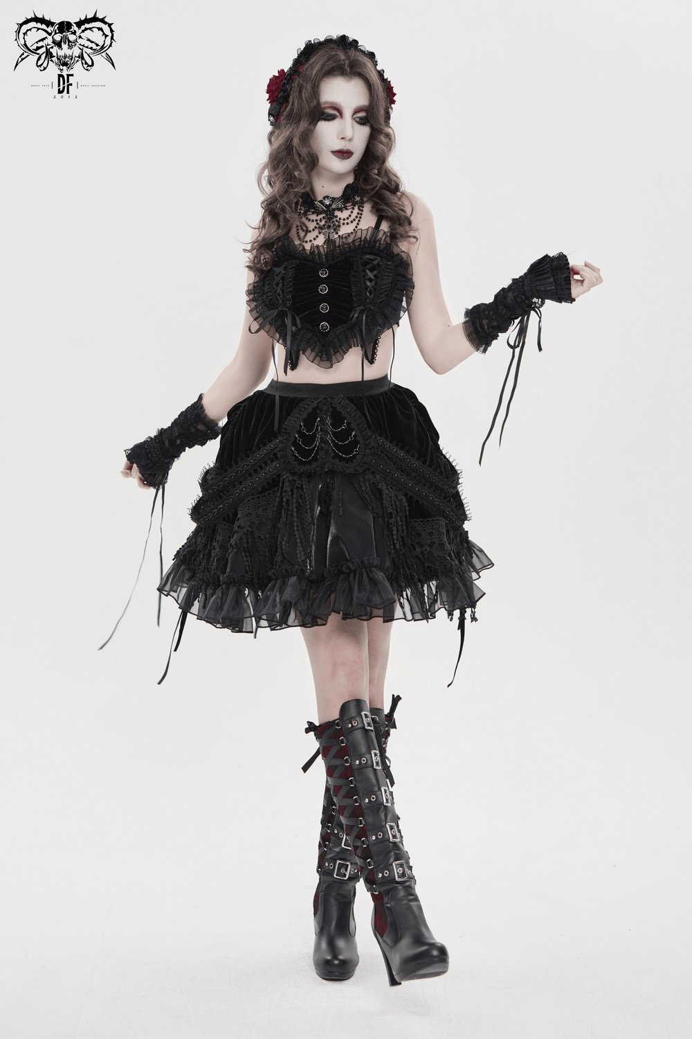 Female Black Lace Crop Top with Ruffle Trim Detail