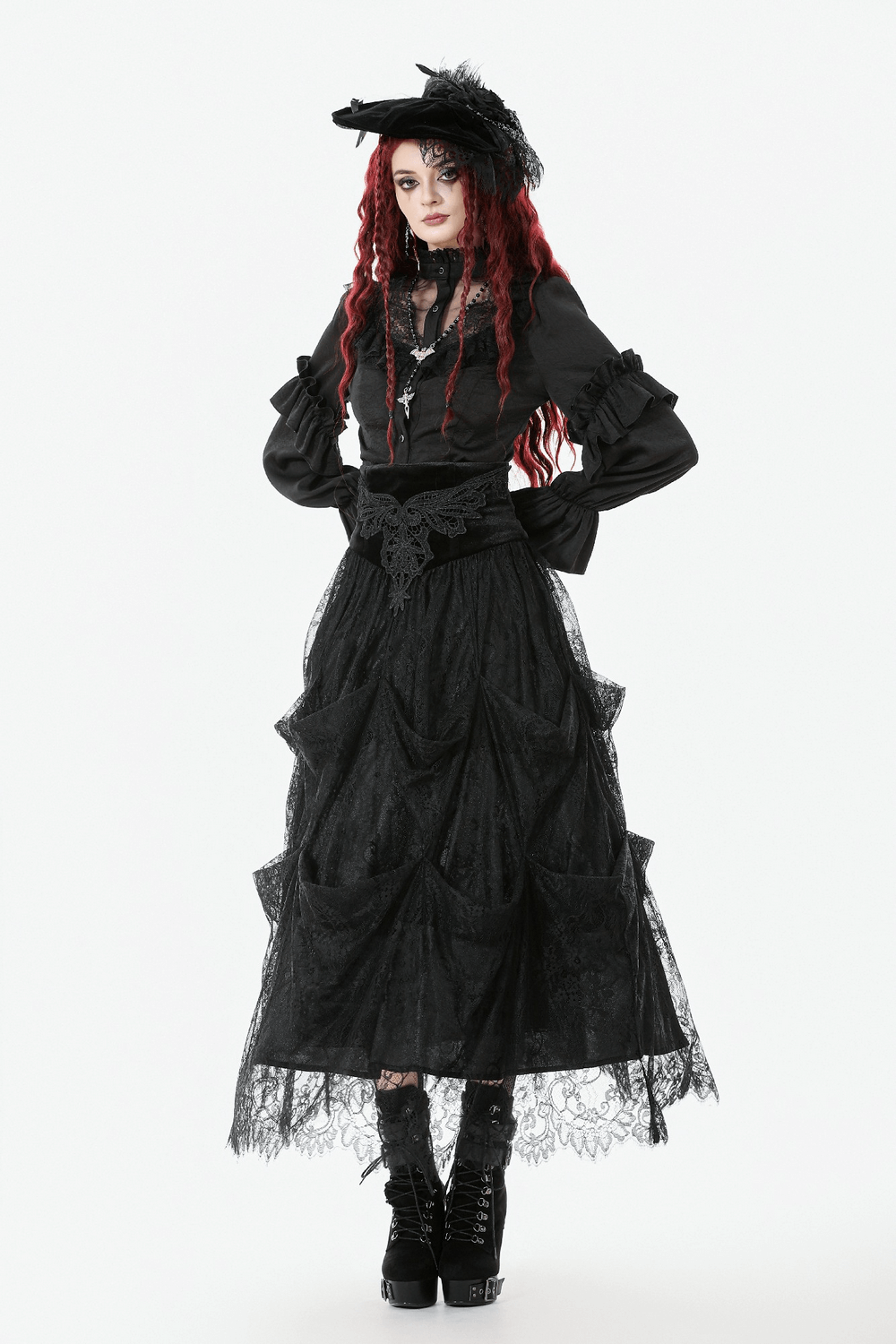 Female Black Lace Layered High Waist Long Skirt