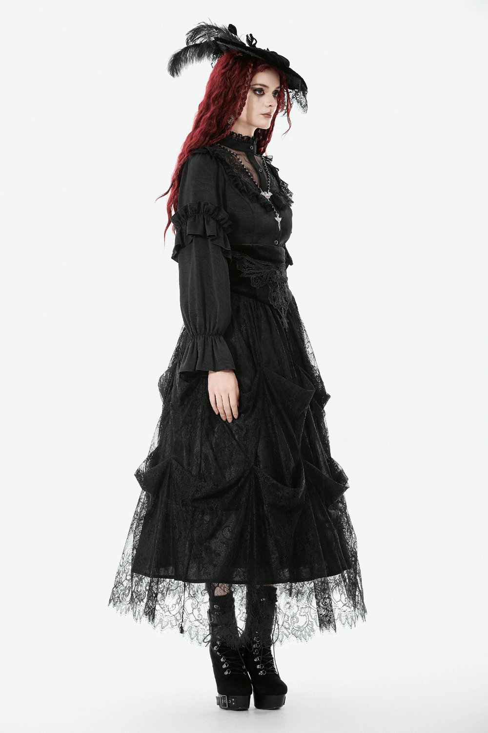 Female Black Lace Layered High Waist Long Skirt