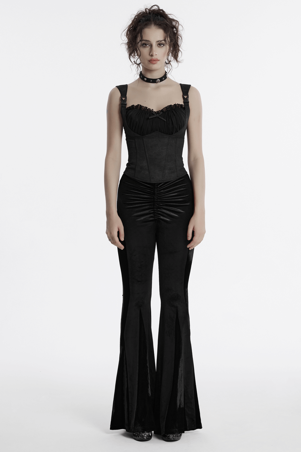 Female Goth Velvet Flared Pants with Waist Strap