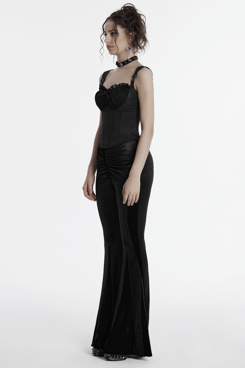 Female Goth Velvet Flared Pants with Waist Strap