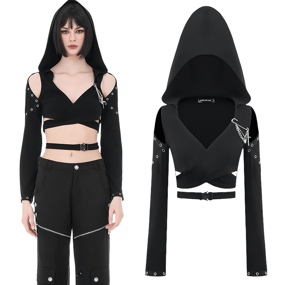 Female Gothic Hooded Crop Top with Chain and Buckle Detail