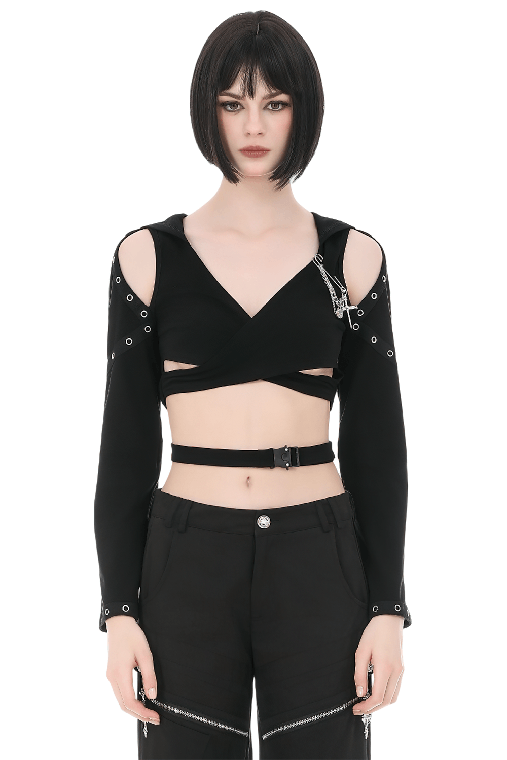 Female Gothic Hooded Crop Top with Chain and Buckle Detail