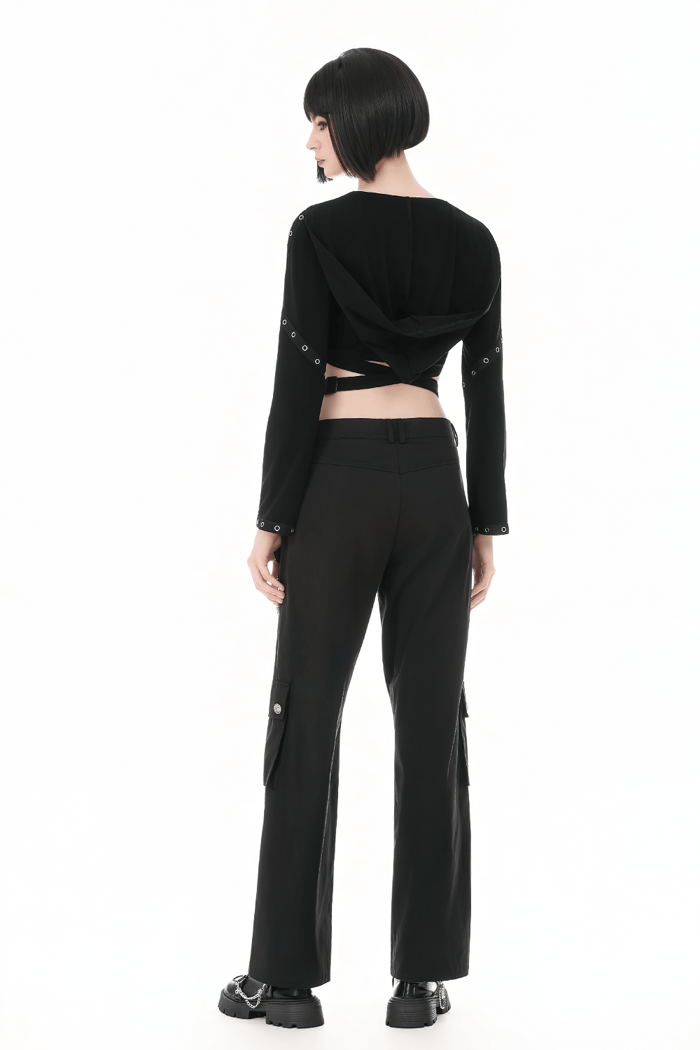 Female Gothic Hooded Crop Top with Chain and Buckle Detail