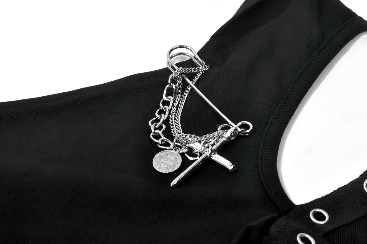 Female Gothic Hooded Crop Top with Chain and Buckle Detail