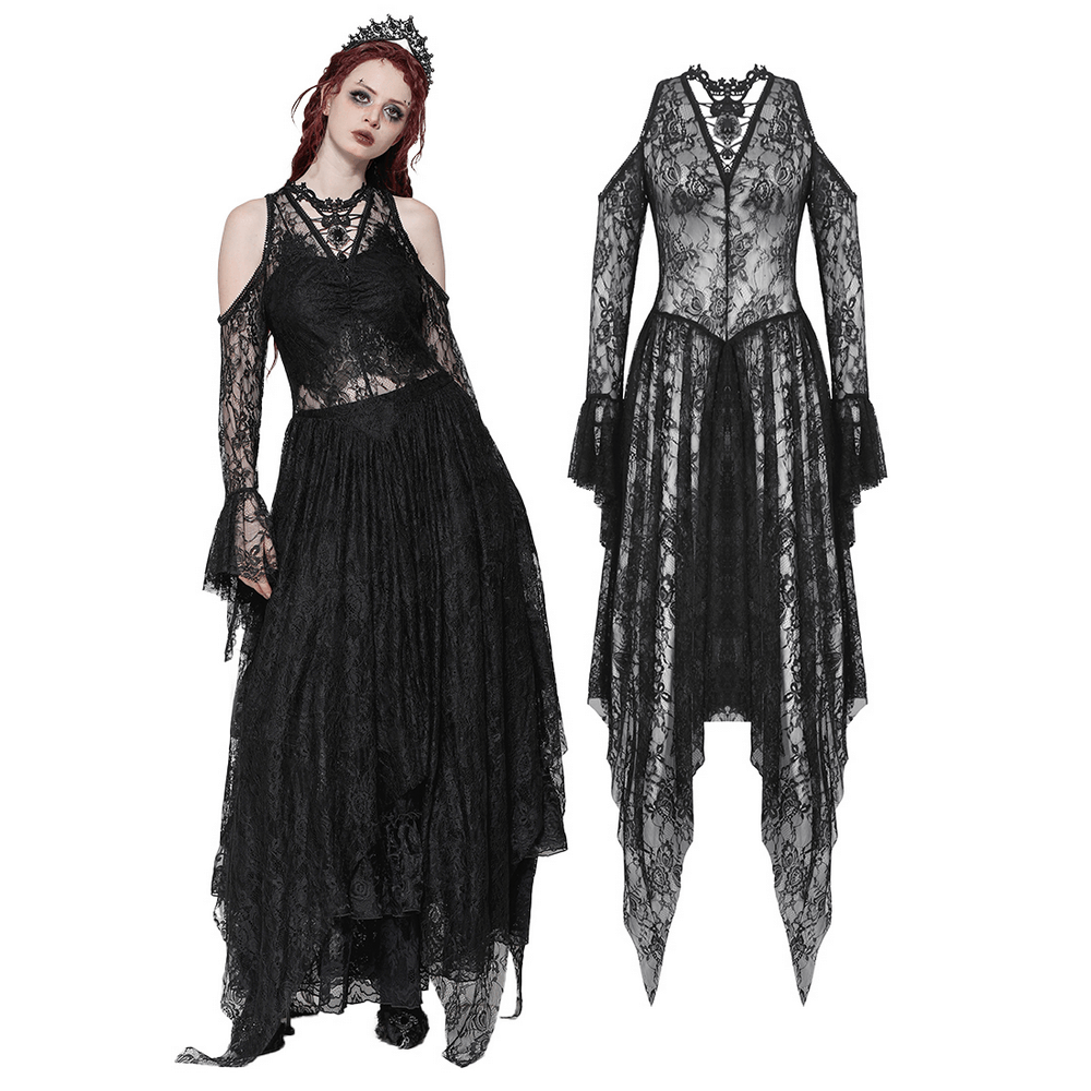 Female Gothic Lace Overlay Maxi Dress with Sleeves