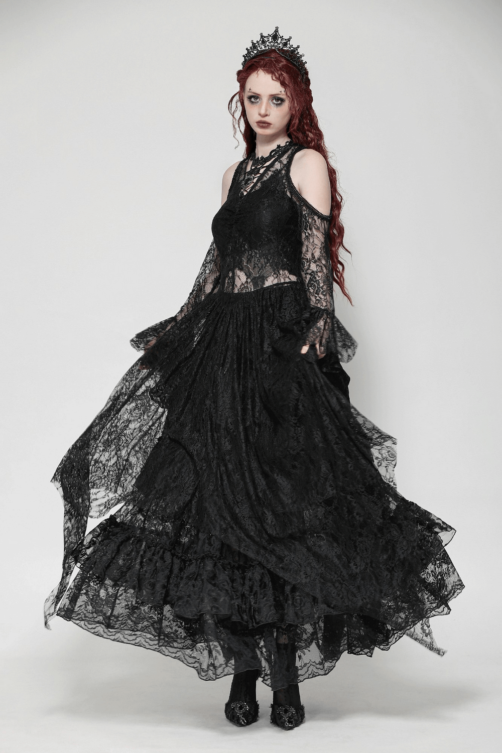 Female Gothic Lace Overlay Maxi Dress with Sleeves