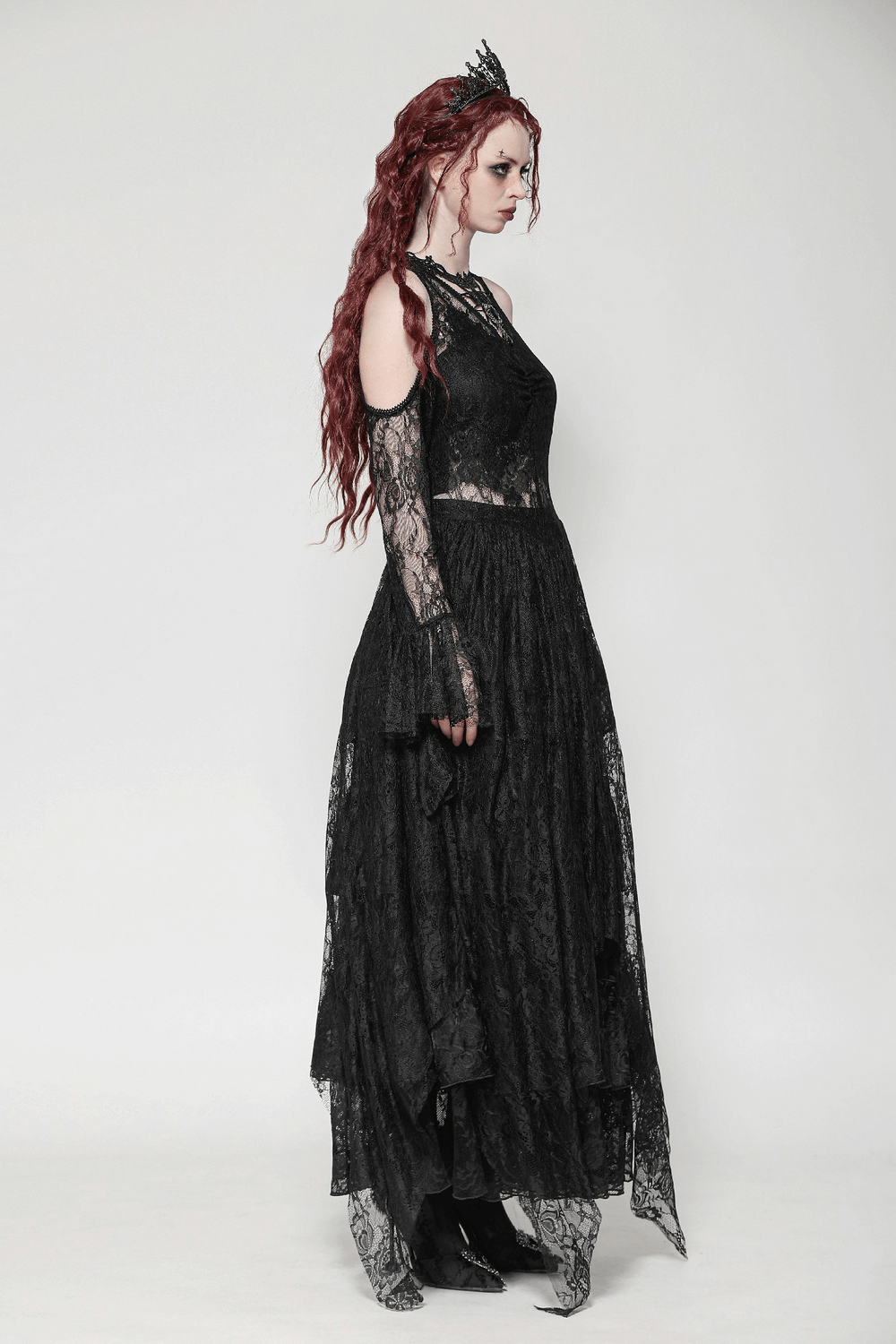 Female Gothic Lace Overlay Maxi Dress with Sleeves
