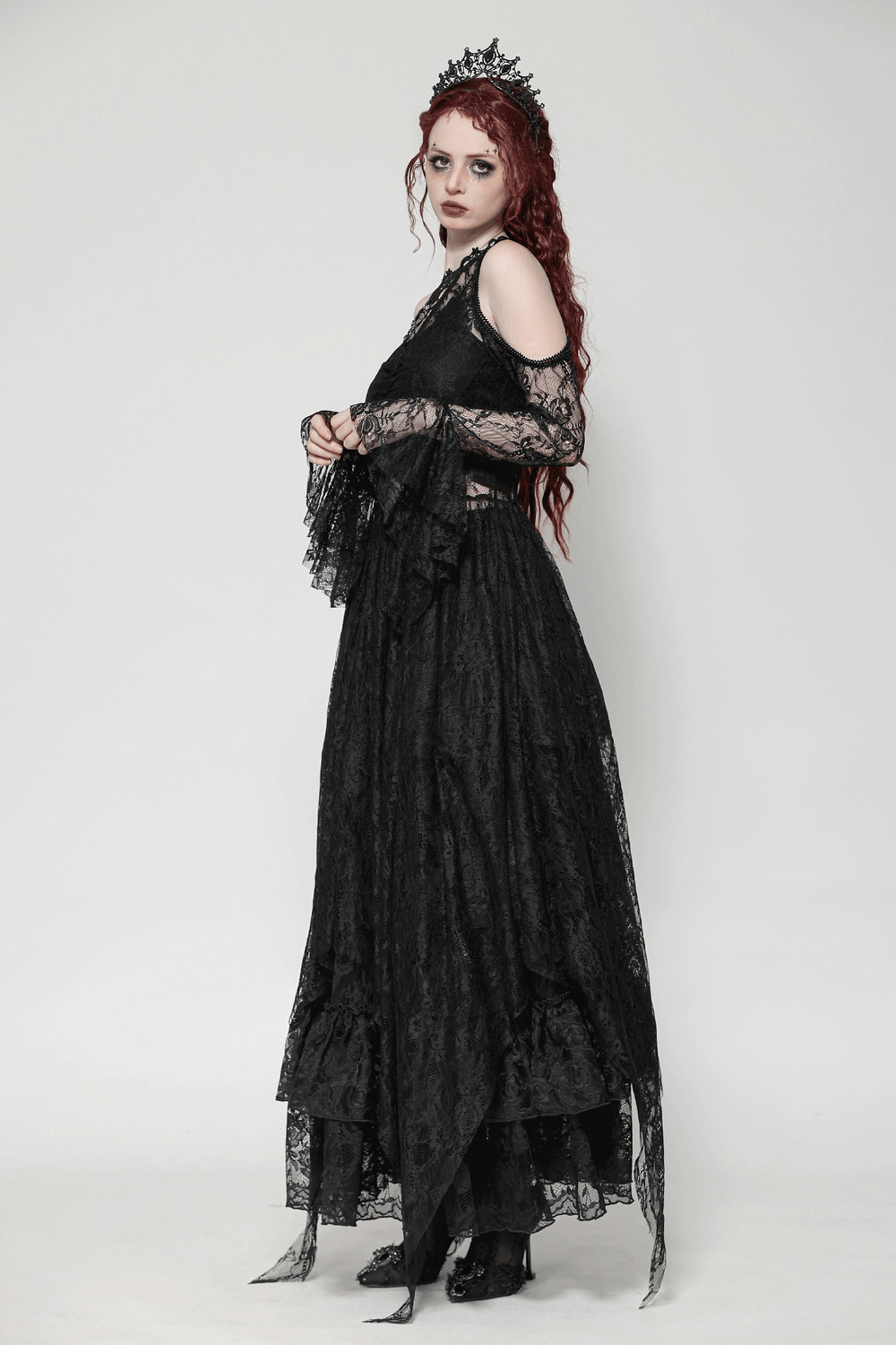 Female Gothic Lace Overlay Maxi Dress with Sleeves