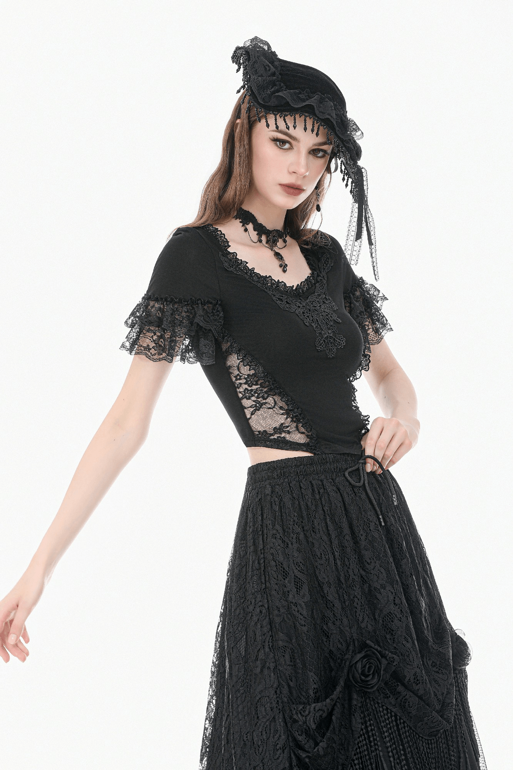 Female Gothic Lace Top with Layered Ruffle Sleeves