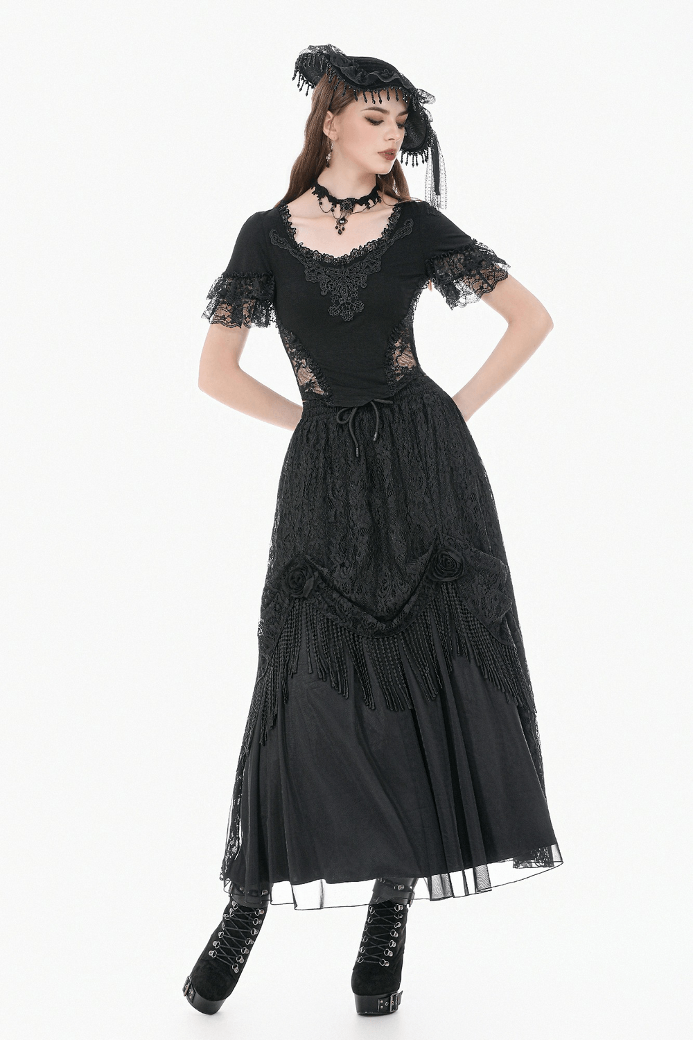 Female Gothic Lace Top with Layered Ruffle Sleeves