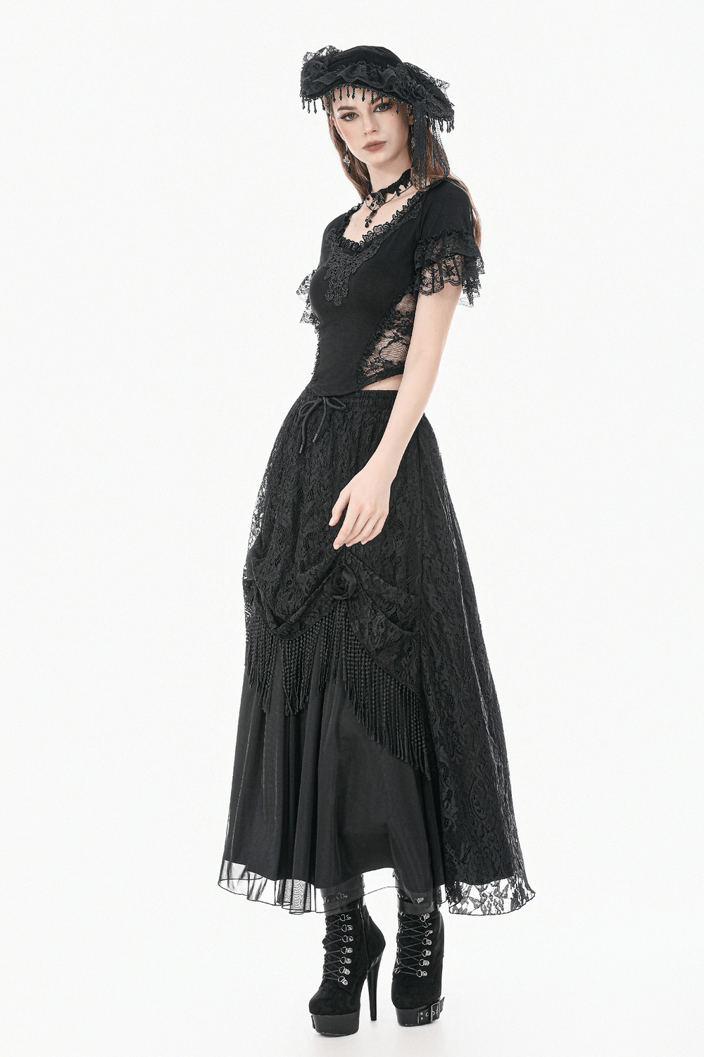 Female Gothic Lace Top with Layered Ruffle Sleeves