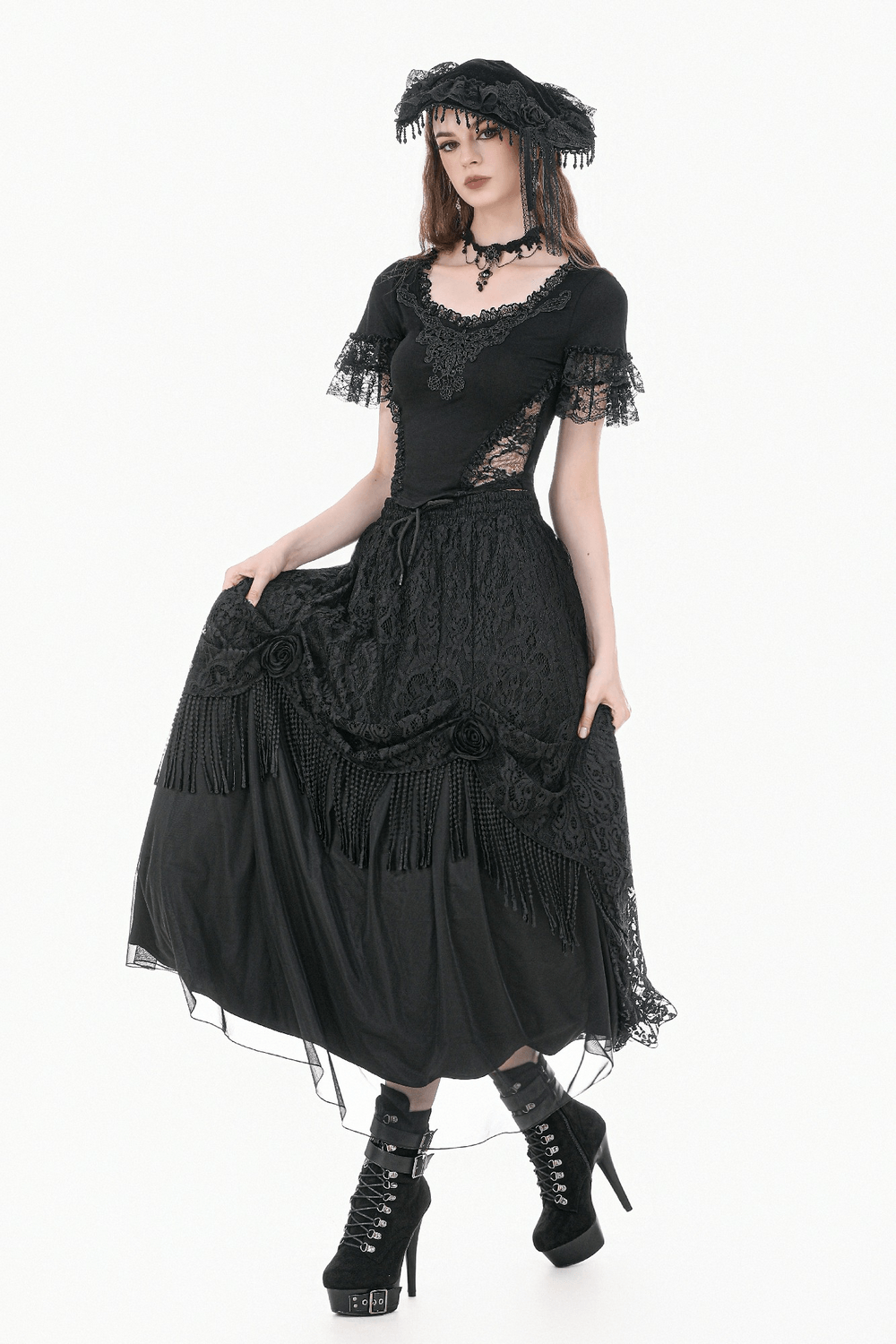 Female Gothic Lace Top with Layered Ruffle Sleeves