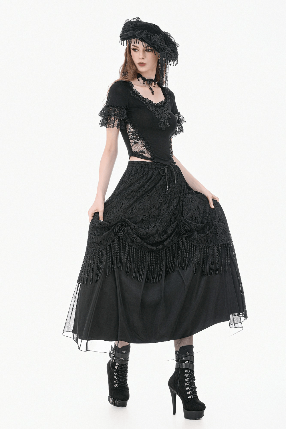 Female Gothic Lace Top with Layered Ruffle Sleeves