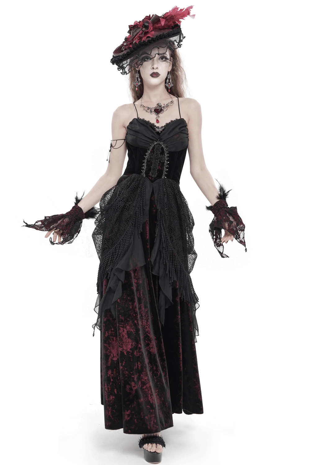 Female Gothic Lace-Up Dress with Ruffled Tulle Layers