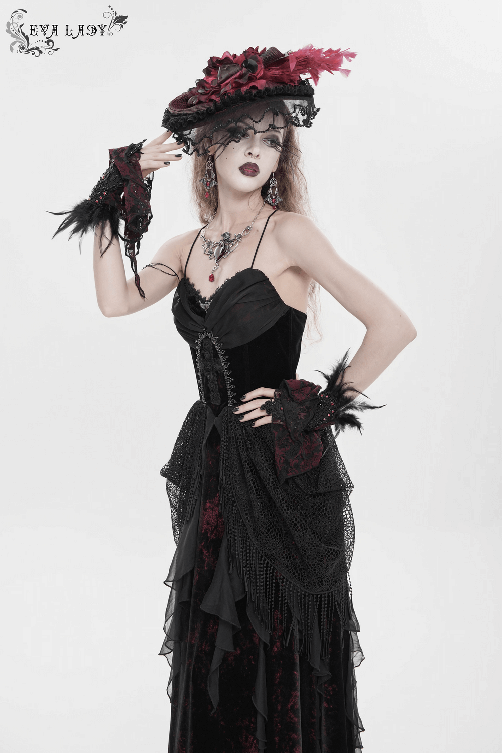 Female Gothic Lace-Up Dress with Ruffled Tulle Layers