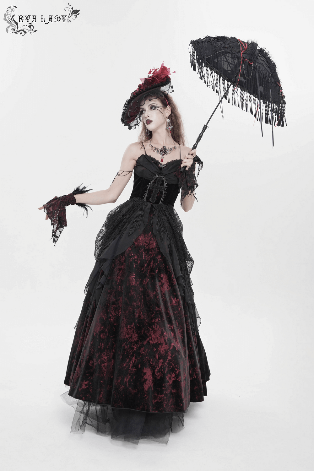 Female Gothic Lace-Up Dress with Ruffled Tulle Layers