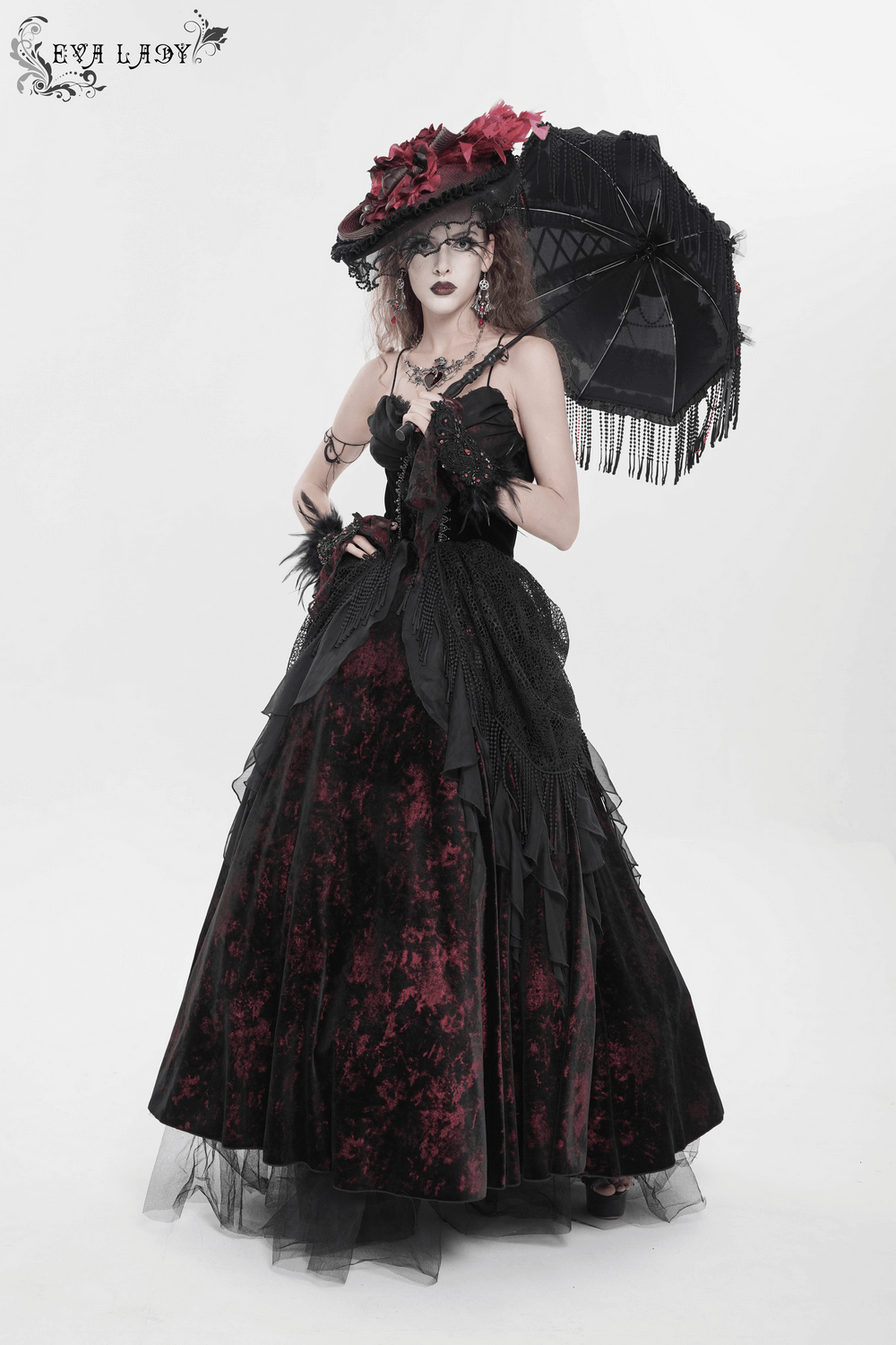 Female Gothic Lace-Up Dress with Ruffled Tulle Layers