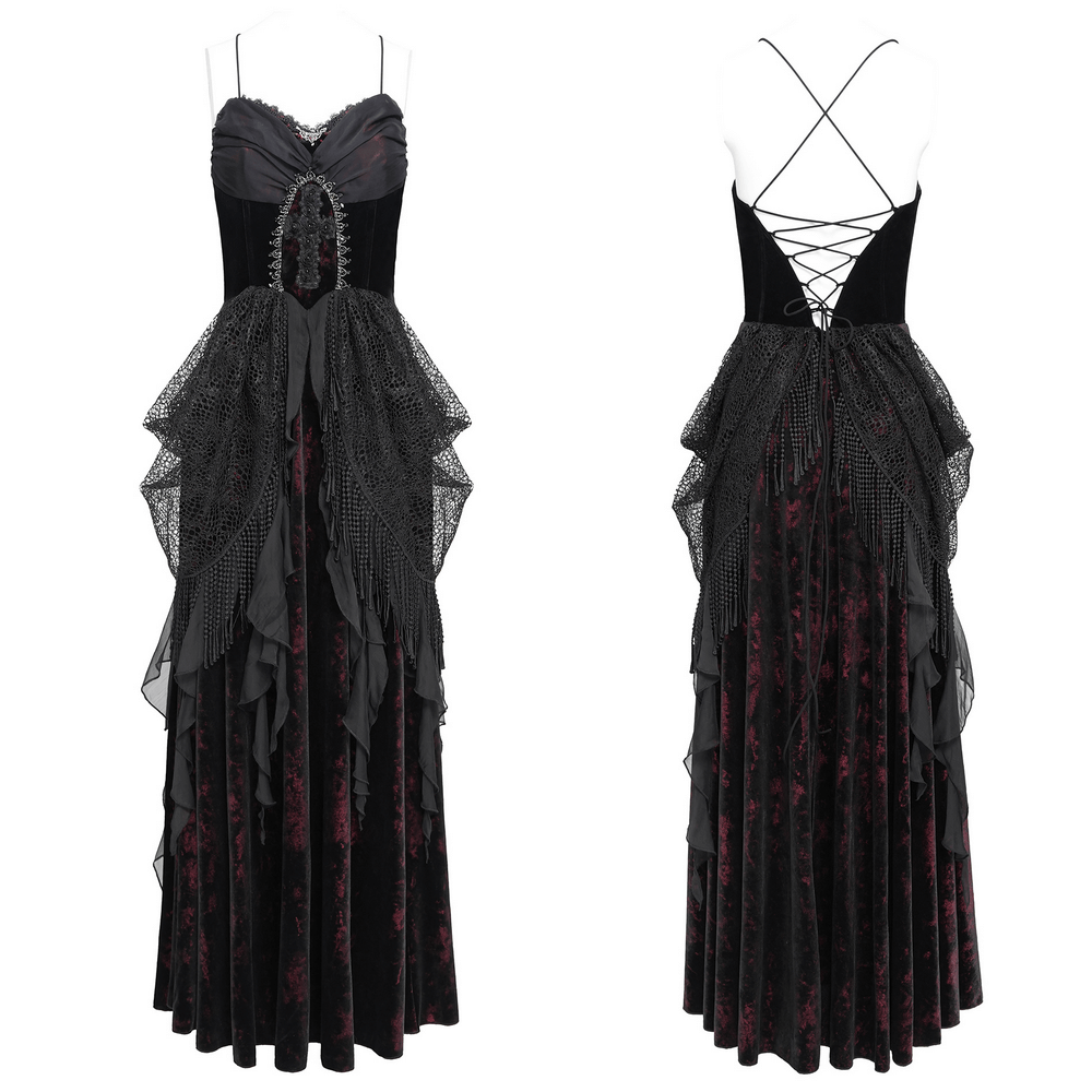 Female Gothic Lace-Up Dress with Ruffled Tulle Layers