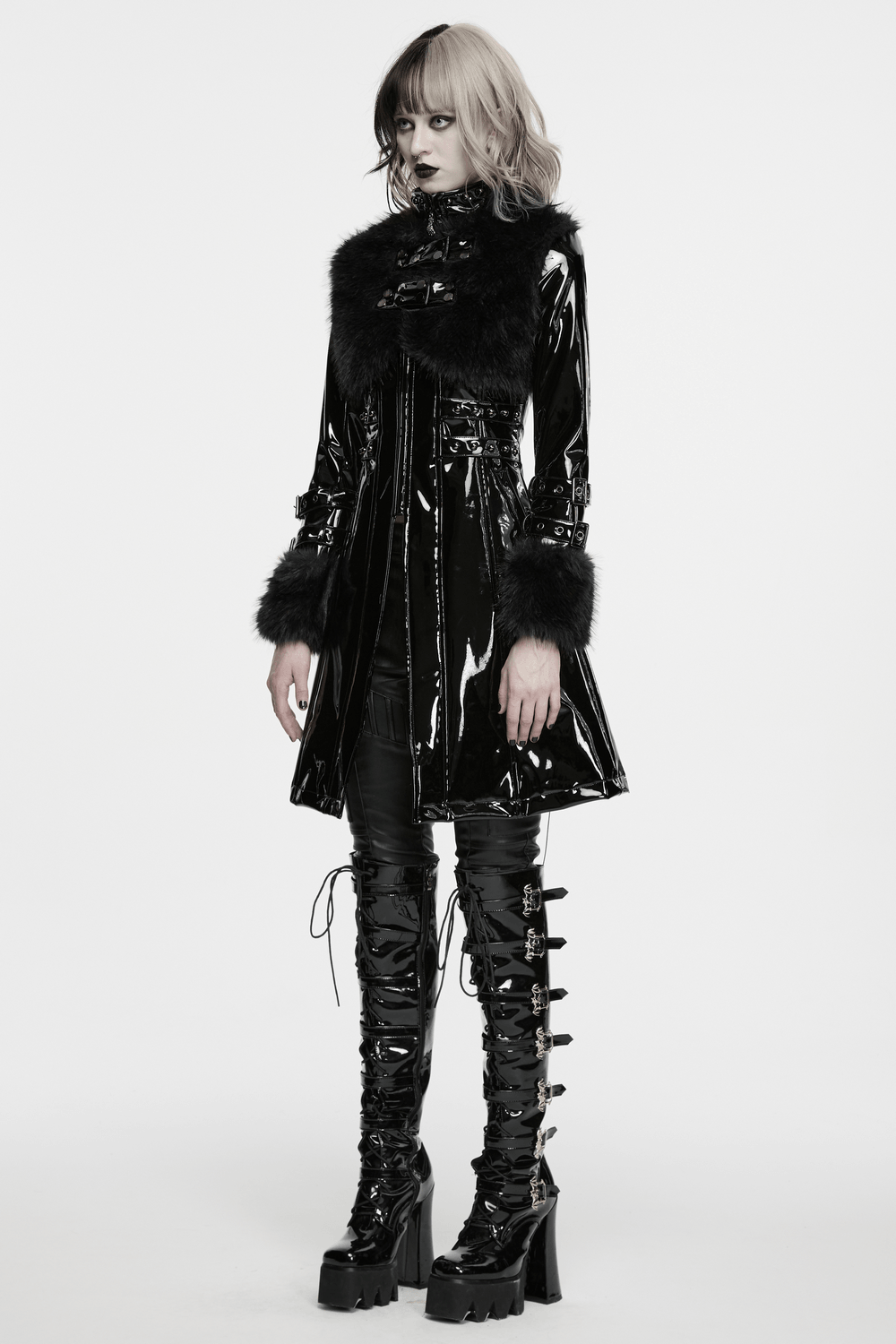 Female Gothic Patent Leather Coat with Faux Fur Trim