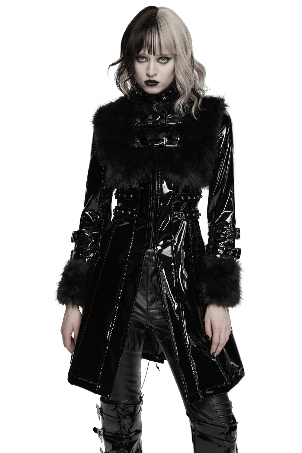 Female Gothic Patent Leather Coat with Faux Fur Trim