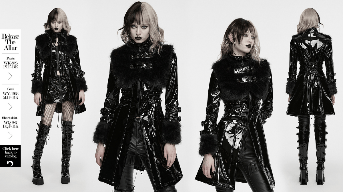 Female Gothic Patent Leather Coat with Faux Fur Trim