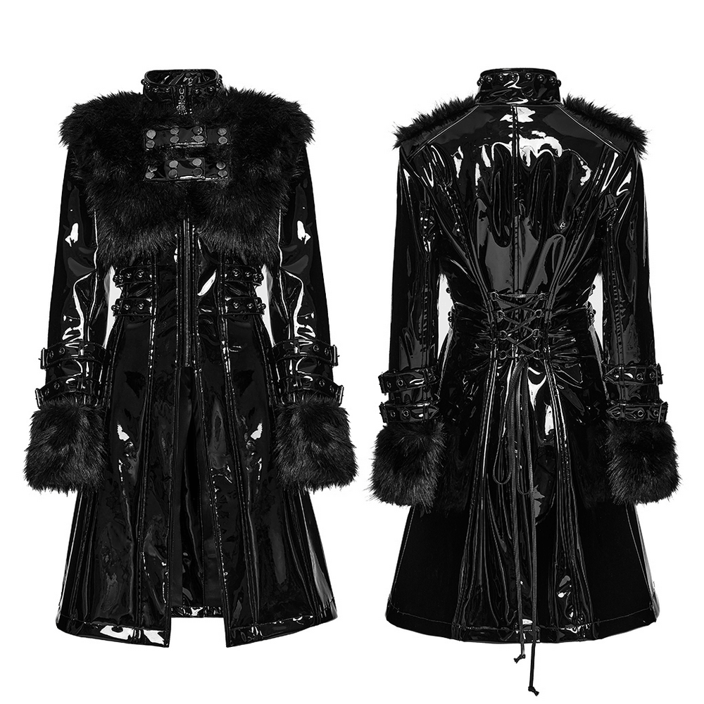 Female Gothic Patent Leather Coat with Faux Fur Trim