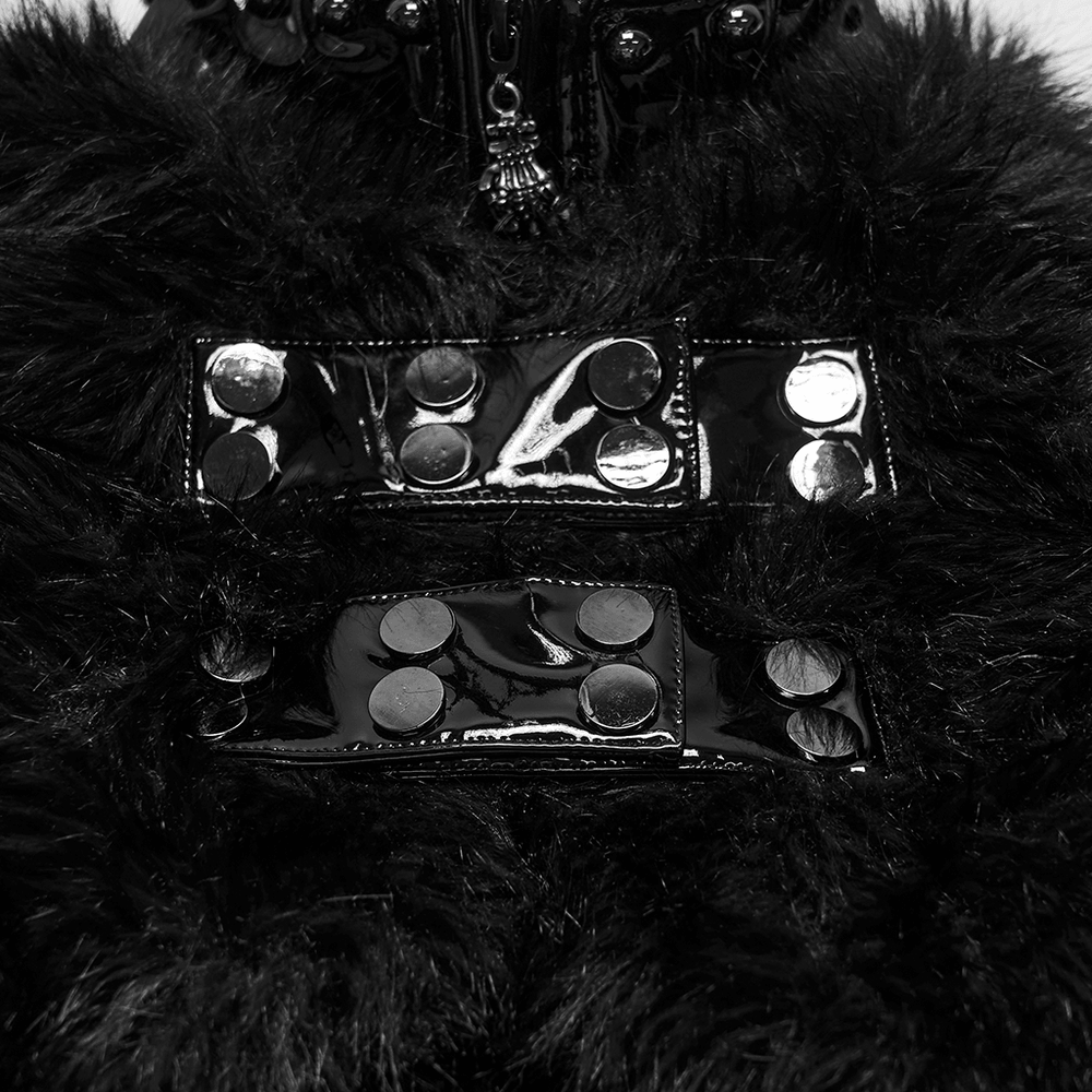 Female Gothic Patent Leather Coat with Faux Fur Trim