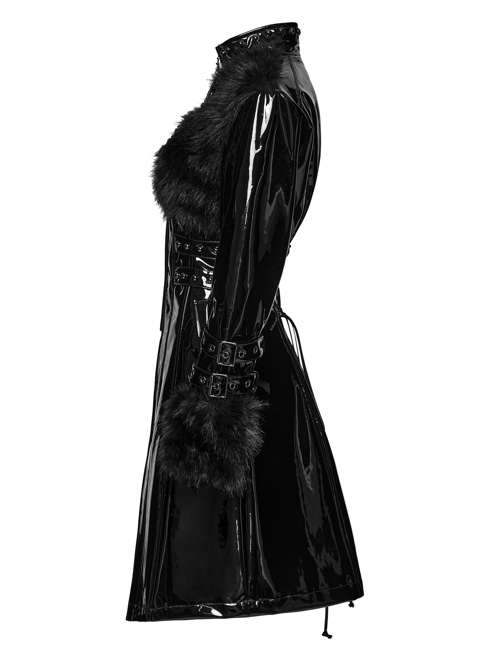 Female Gothic Patent Leather Coat with Faux Fur Trim