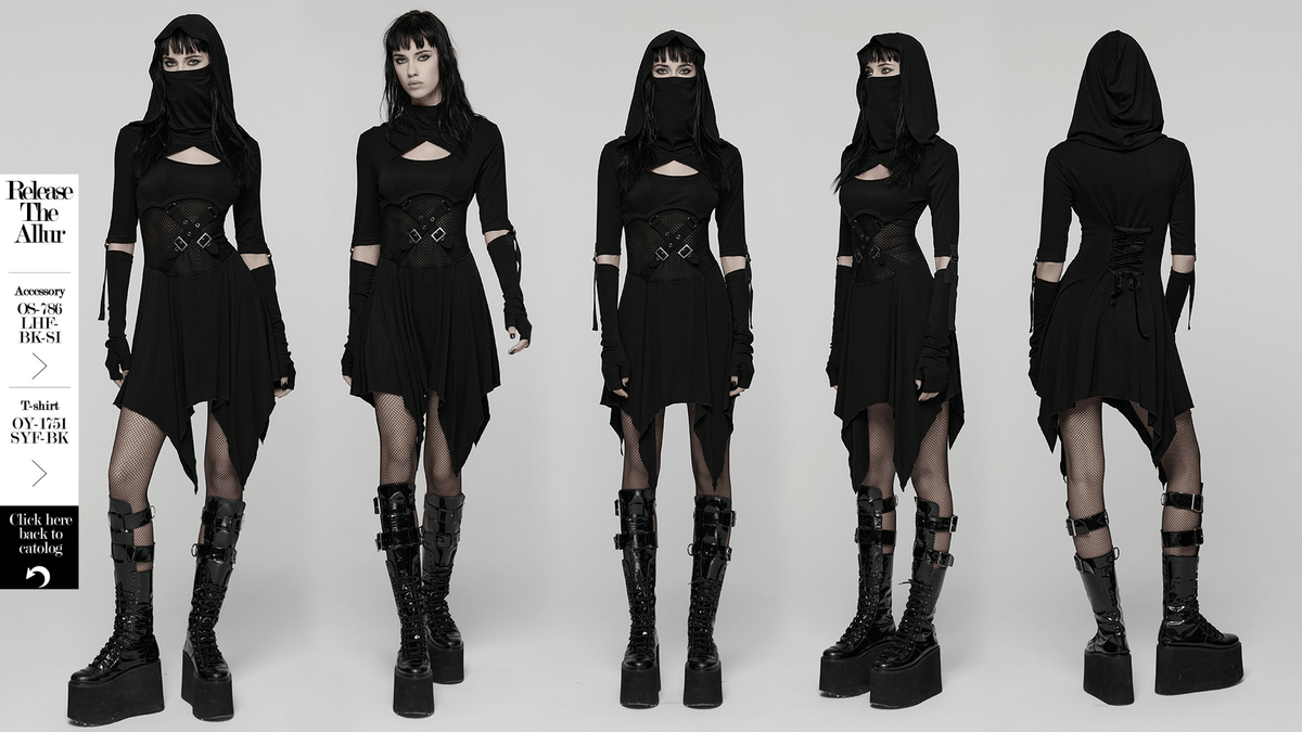 Female Hooded Black Dress with Mesh Waist and Straps