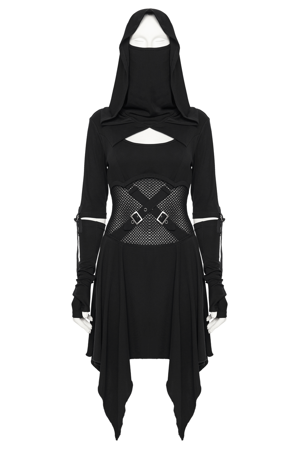 Female Hooded Black Dress with Mesh Waist and Straps