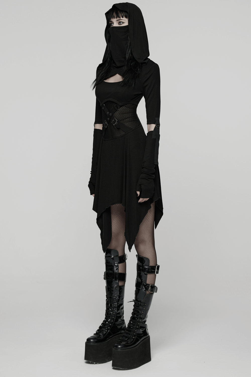 Female Hooded Black Dress with Mesh Waist and Straps