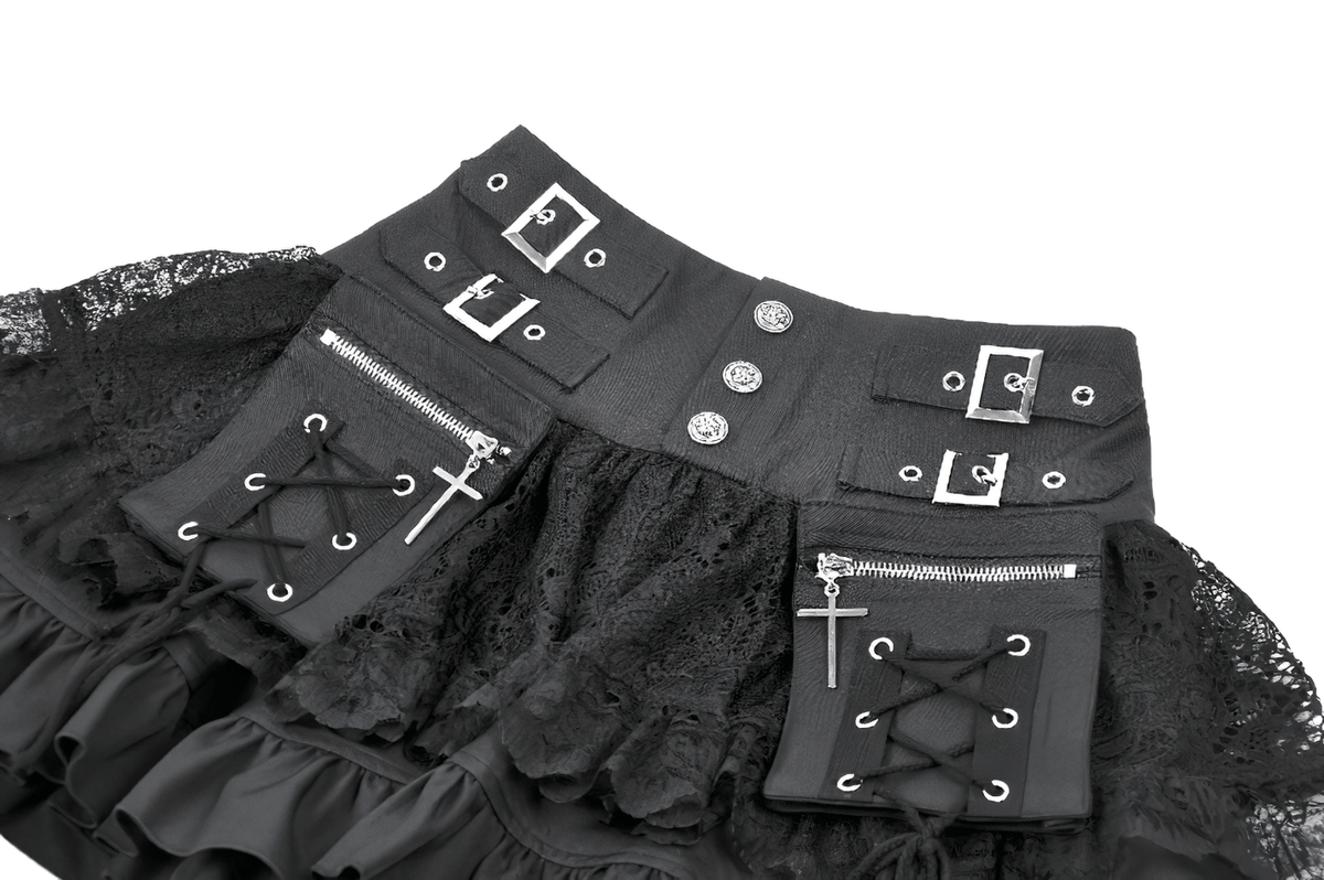 Female Lace Mini Skirt with Buckled Waist and Cross Zips